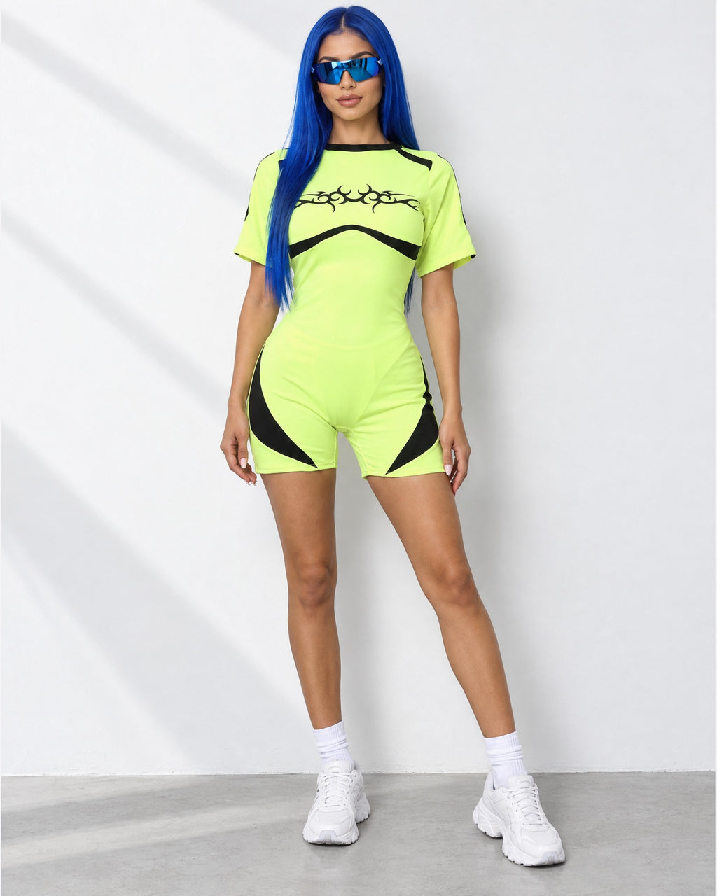 Next Level Mesh Romper in Neon Yellow - front view on model | Muvin