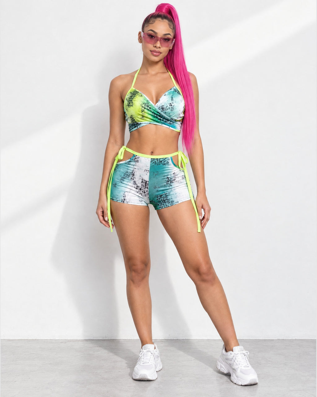 Printed Strappy Set in Green Combo - front view on model | Muvin