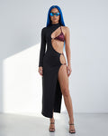 Strap Detailed Asymmetric Maxi Dress in Burg/Black - front view on model | Muvin