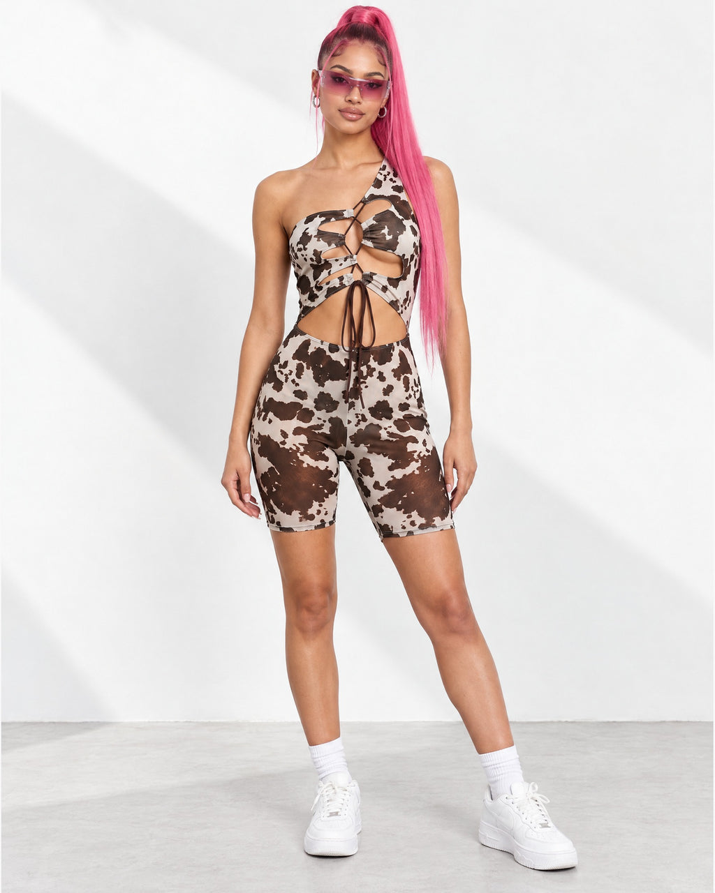 Printed Mesh Lace Up Romper in Multi - front view on model | Muvin