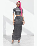 Laser Cut Crop Top & Maxi Skirt Set in Grey - front view on model | Muvin