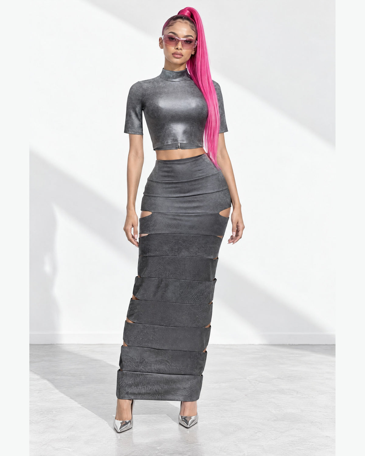 Laser Cut Crop Top & Maxi Skirt Set in Grey - front view on model | Muvin