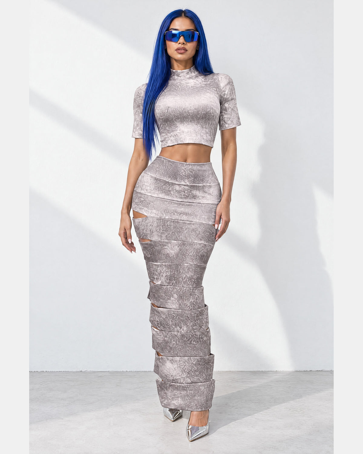 Laser Cut Crop Top & Maxi Skirt Set in Pink - front view on model | Muvin