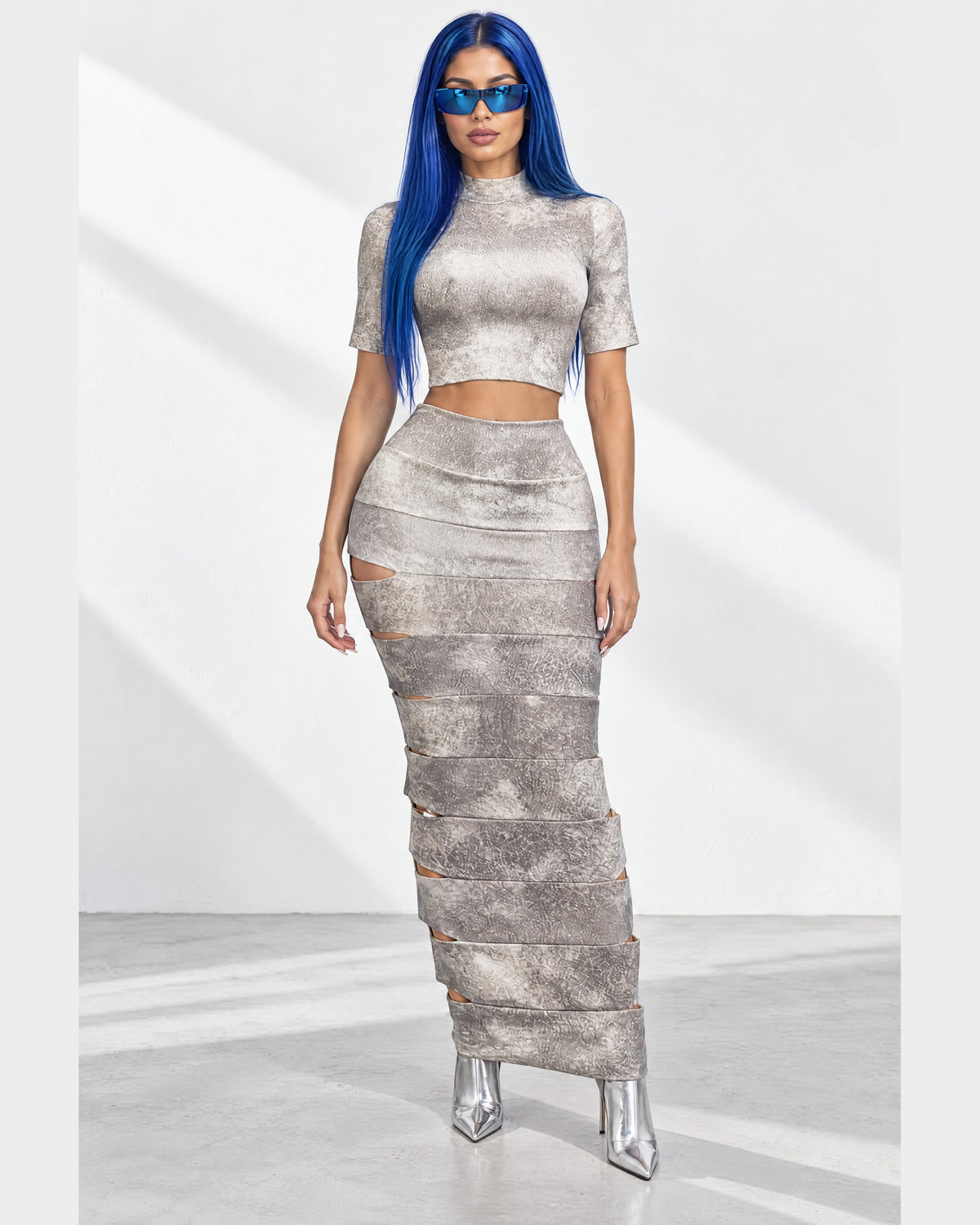 Laser Cut Crop Top & Maxi Skirt Set in White - front view on model | Muvin
