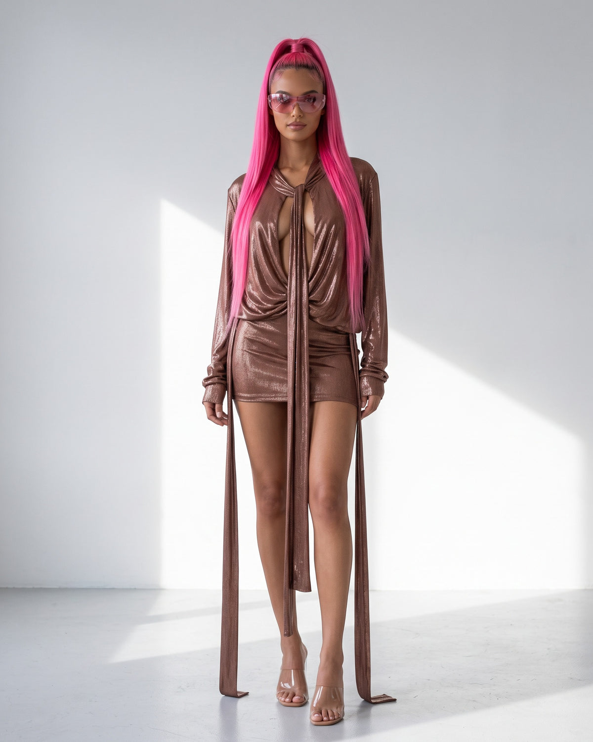 Metallic Drape Tied Neck Top & Mini Skirt Set in Bronze - front view on model | Muvin