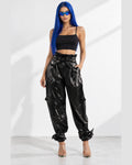 Metallic PU Jogger Pants in Black - front view on model | Muvin