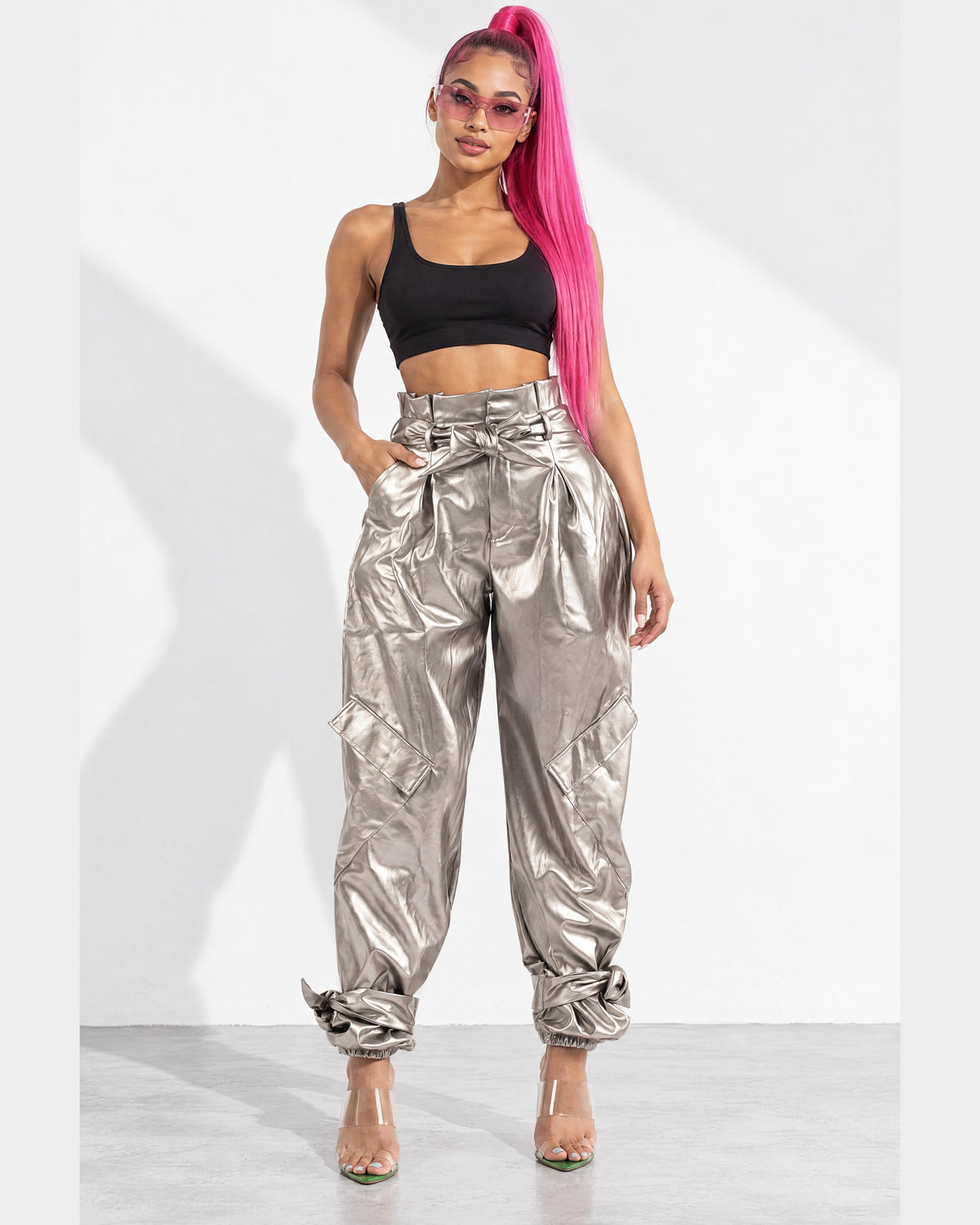 Metallic PU Jogger Pants in Silver - front view on model | Muvin