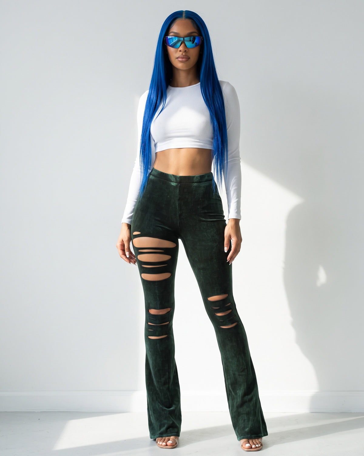 Mineral Wash Cutout Pants in Green - front view on model | Muvin