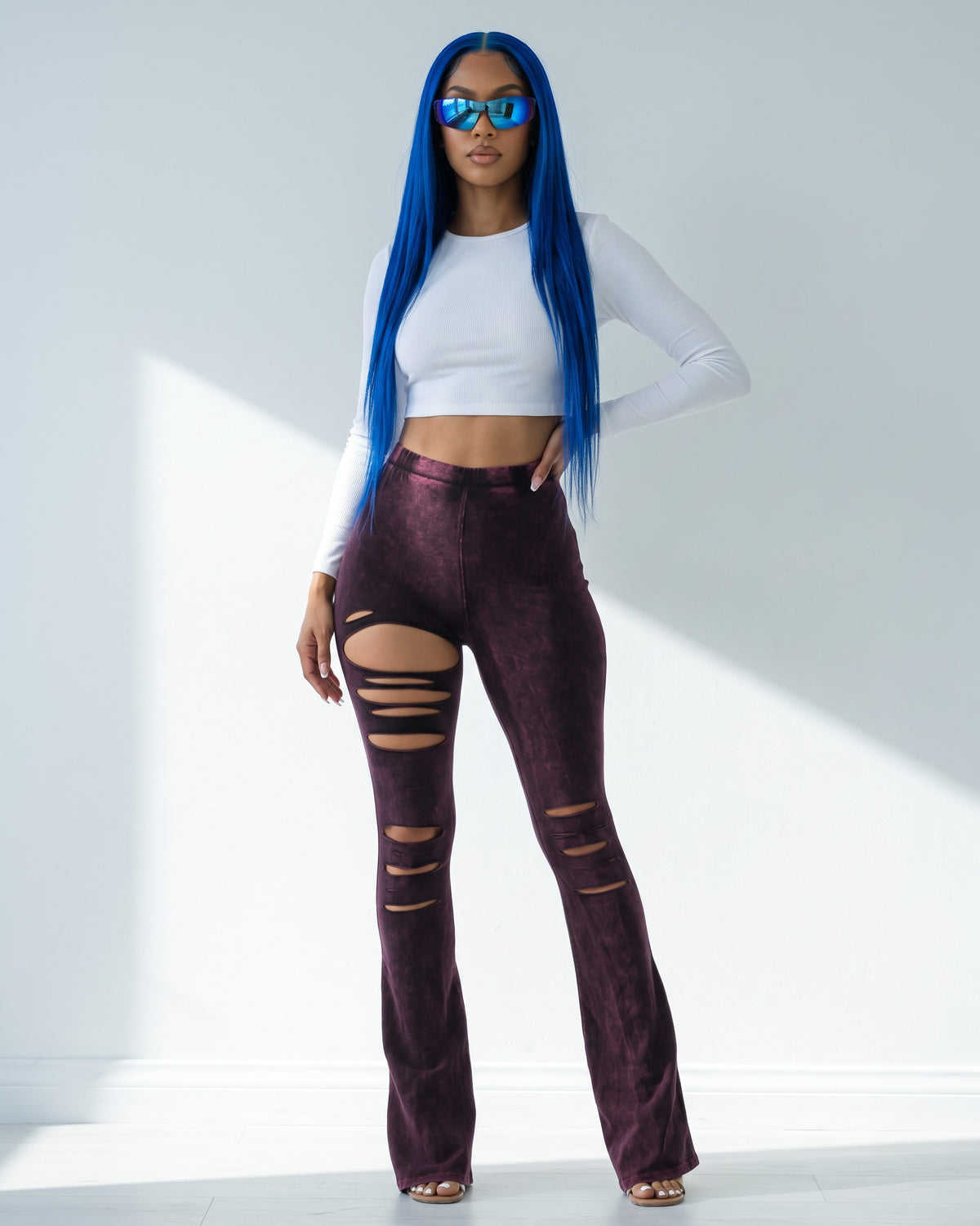 Mineral Wash Cutout Pants in Magenta - front view on model | Muvin