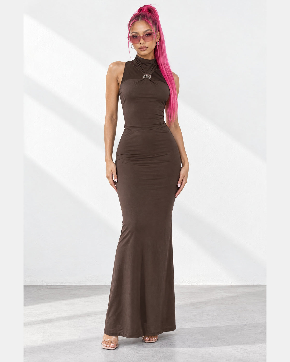 Mock Neck Top & Flare Maxi Skirt Set in Brown - front view on model | Muvin
