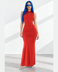 Mock Neck Top & Flare Maxi Skirt Set in Red - front view on model | Muvin