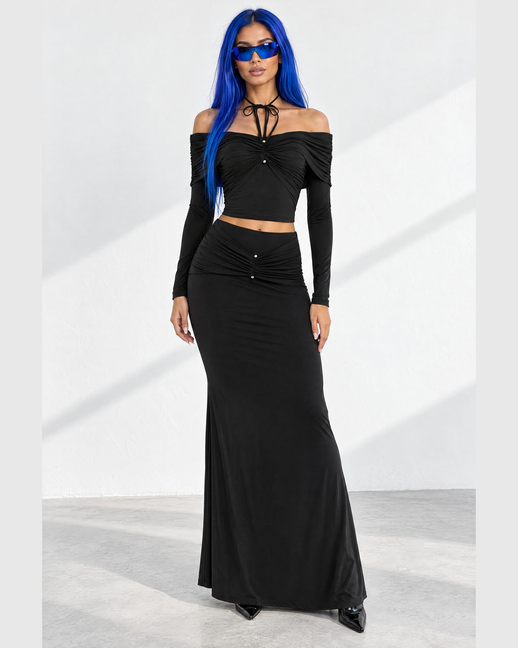 Off Shoulder Long Sleeve Top & Maxi Skirt Set in Black - front view on model | Muvin
