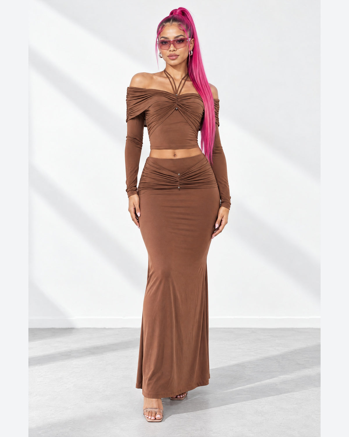 Off Shoulder Long Sleeve Top & Maxi Skirt Set in Mocha - front view on model | Muvin