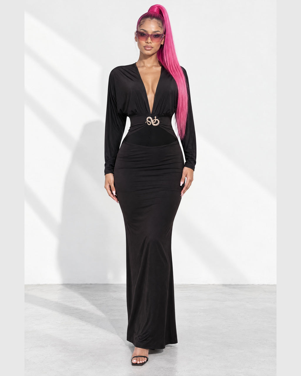Plunge Cutout Batwing Maxi Dress in Black - front view on model | Muvin