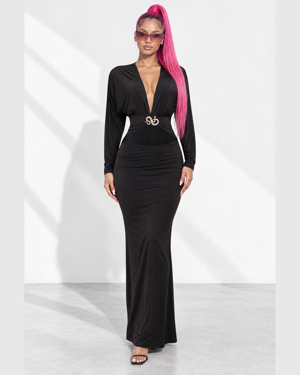 Plunge Cutout Batwing Maxi Dress in Black - front view on model | Muvin