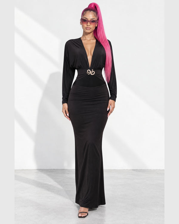 Plunge Cutout Batwing Maxi Dress in Black - front view on model | Muvin