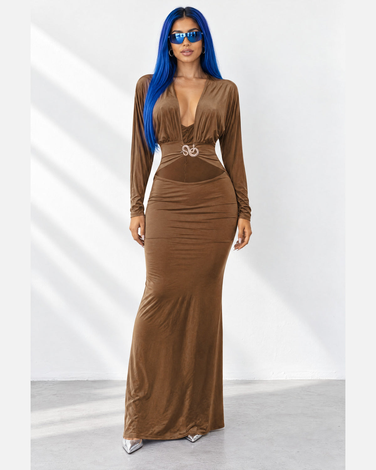 Plunge Cutout Batwing Maxi Dress in Mocha - front view on model | Muvin