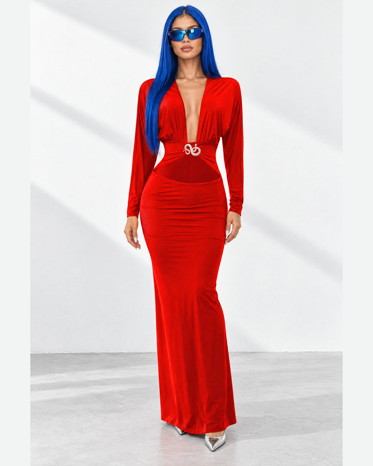 Plunge Cutout Batwing Maxi Dress in Red - front view on model | Muvin