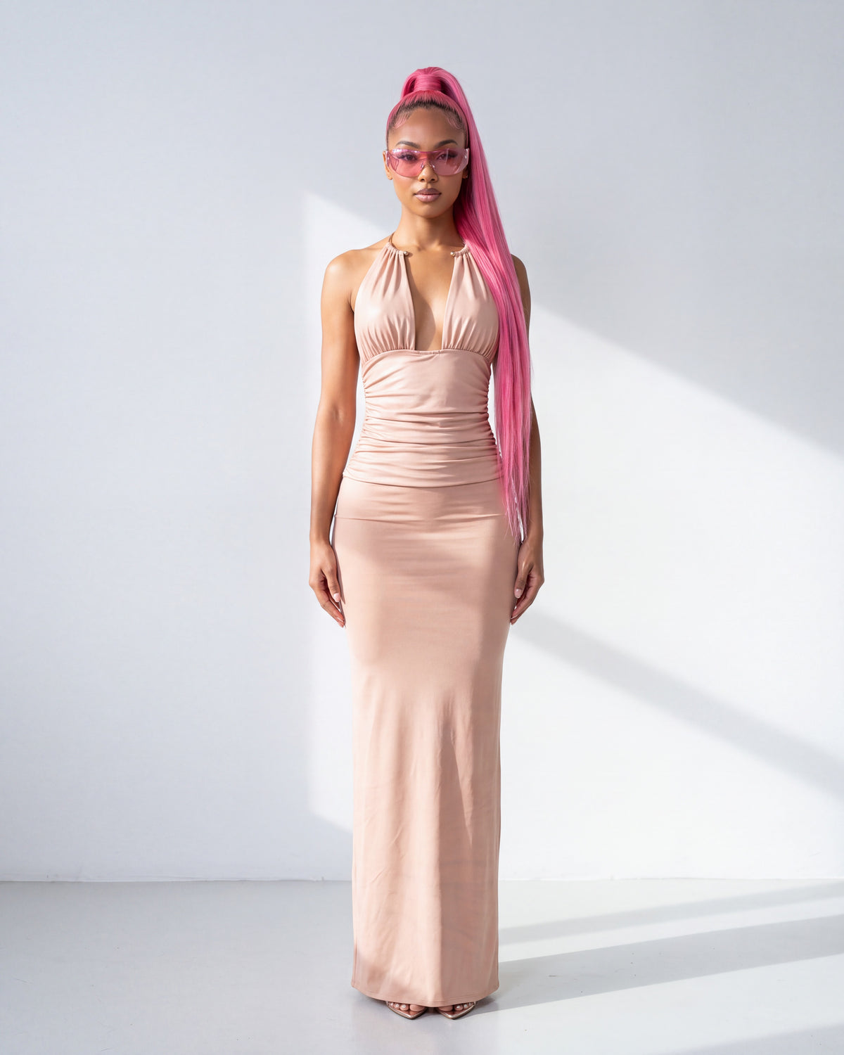PU Halter Maxi Dress in Nude - front view on model | Muvin