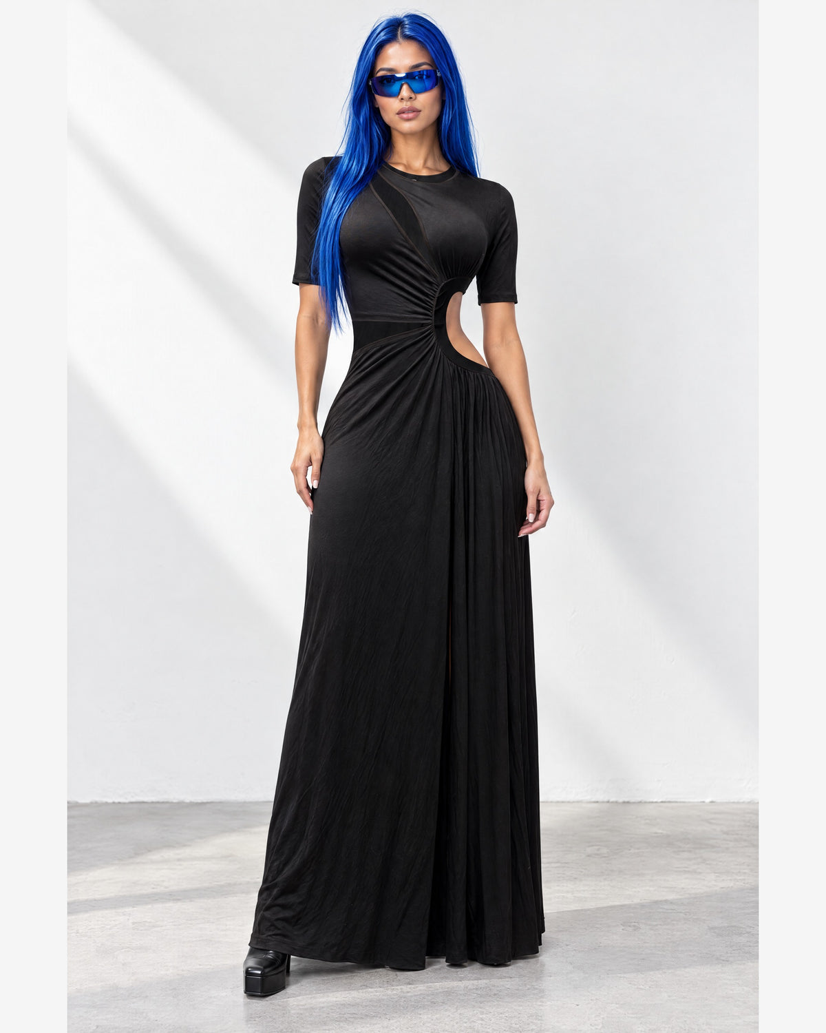 Short Sleeve Cutout Maxi Dress in Black - front view on model | Muvin