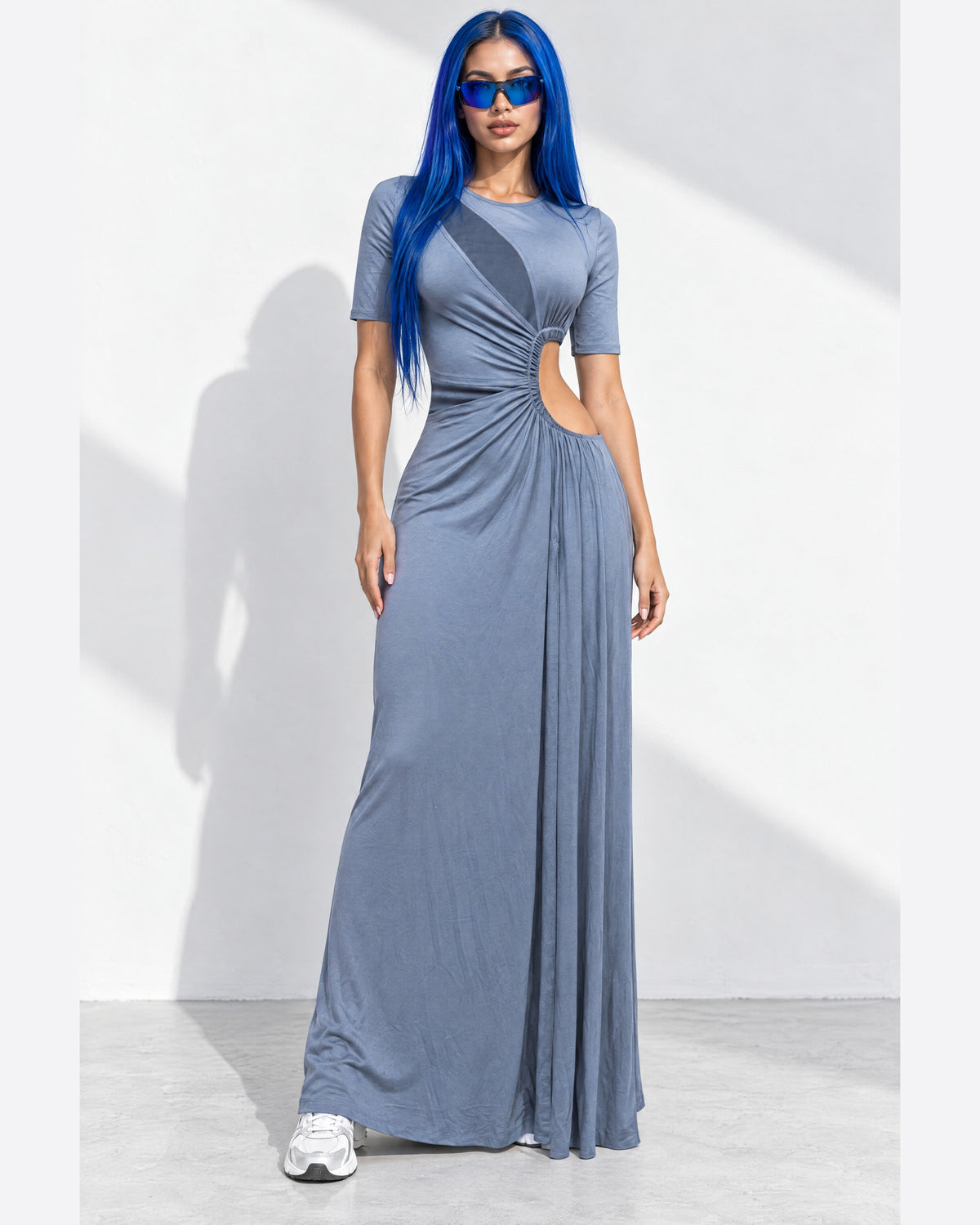 Short Sleeve Cutout Maxi Dress in Dk Gray - front view on model | Muvin