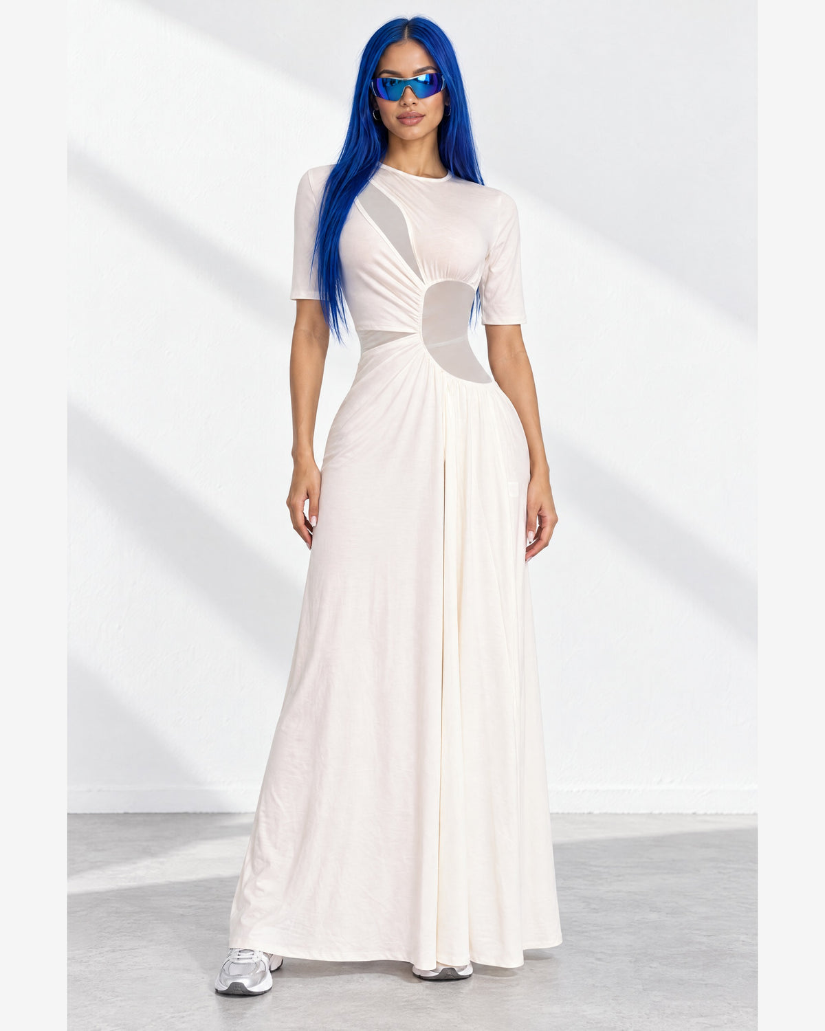 Short Sleeve Cutout Maxi Dress in Ivory - front view on model | Muvin