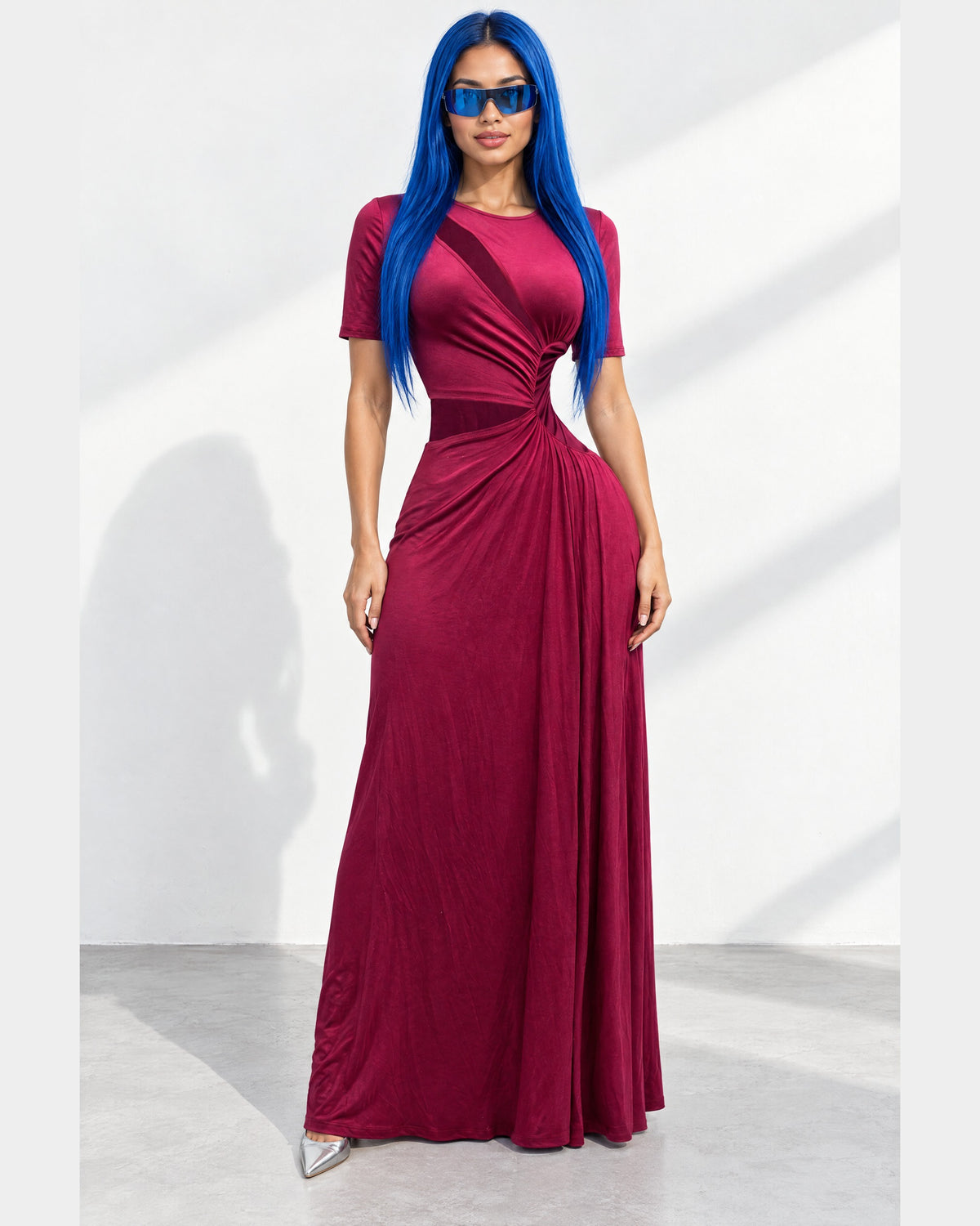Short Sleeve Cutout Maxi Dress in Maroon - front view on model | Muvin