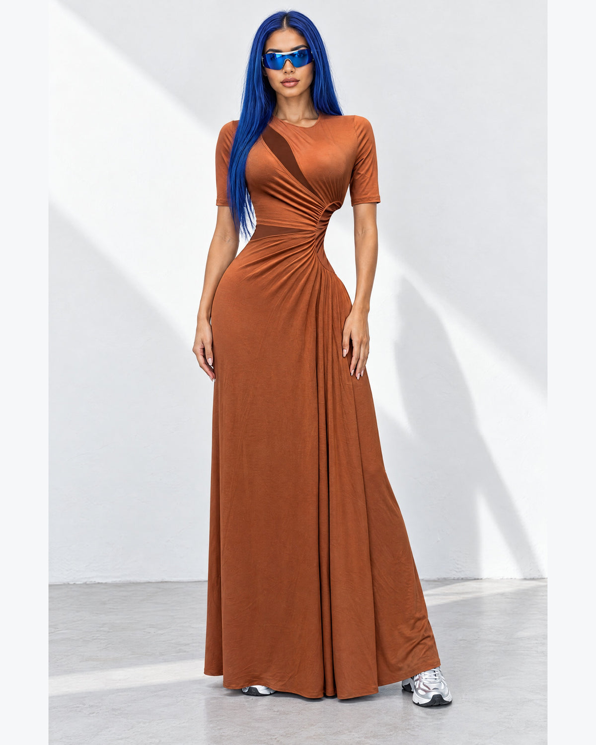 Short Sleeve Cutout Maxi Dress in Mocha Brown - front view on model | Muvin