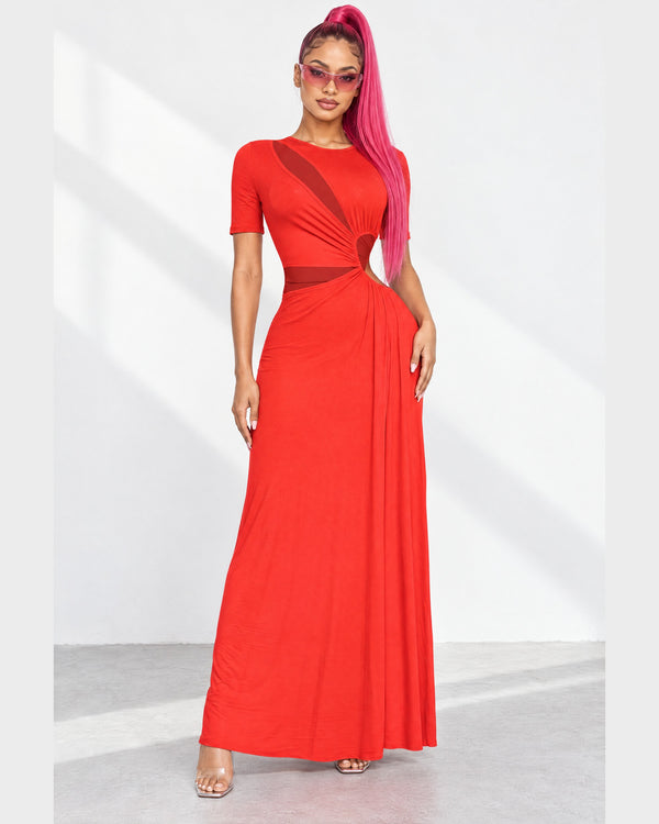 Short Sleeve Cutout Maxi Dress in Red - front view on model | Muvin