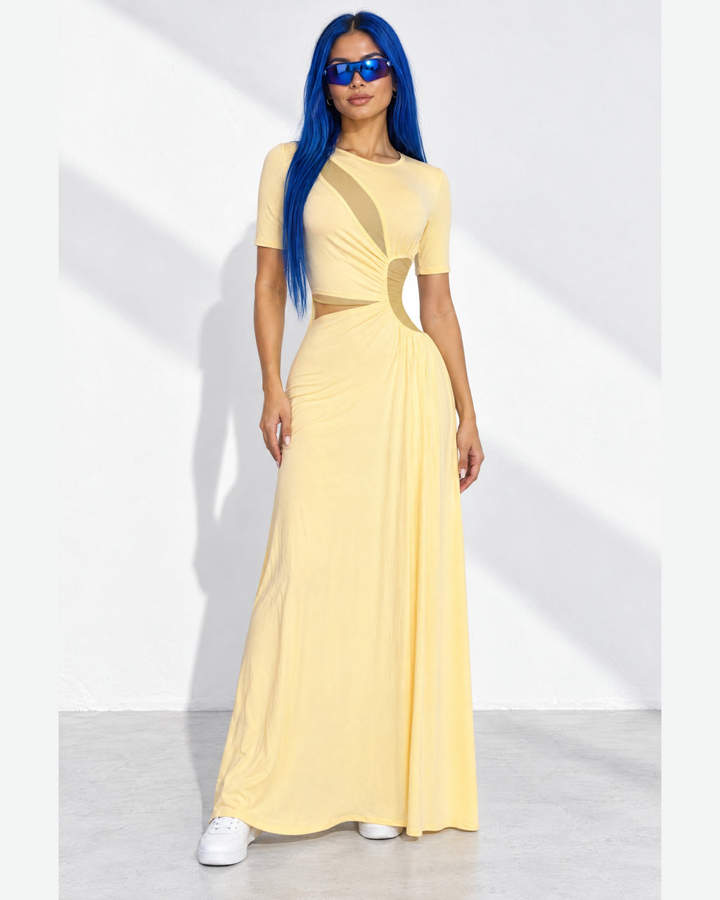 Short Sleeve Cutout Maxi Dress in Yellow - front view on model | Muvin