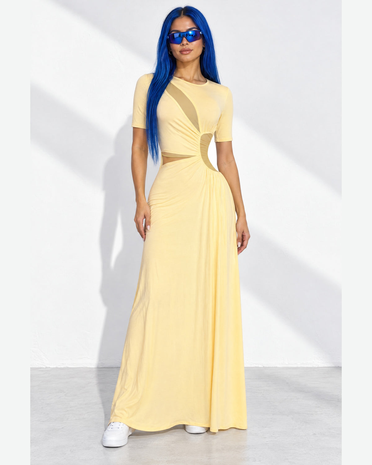 Short Sleeve Cutout Maxi Dress in Yellow - front view on model | Muvin