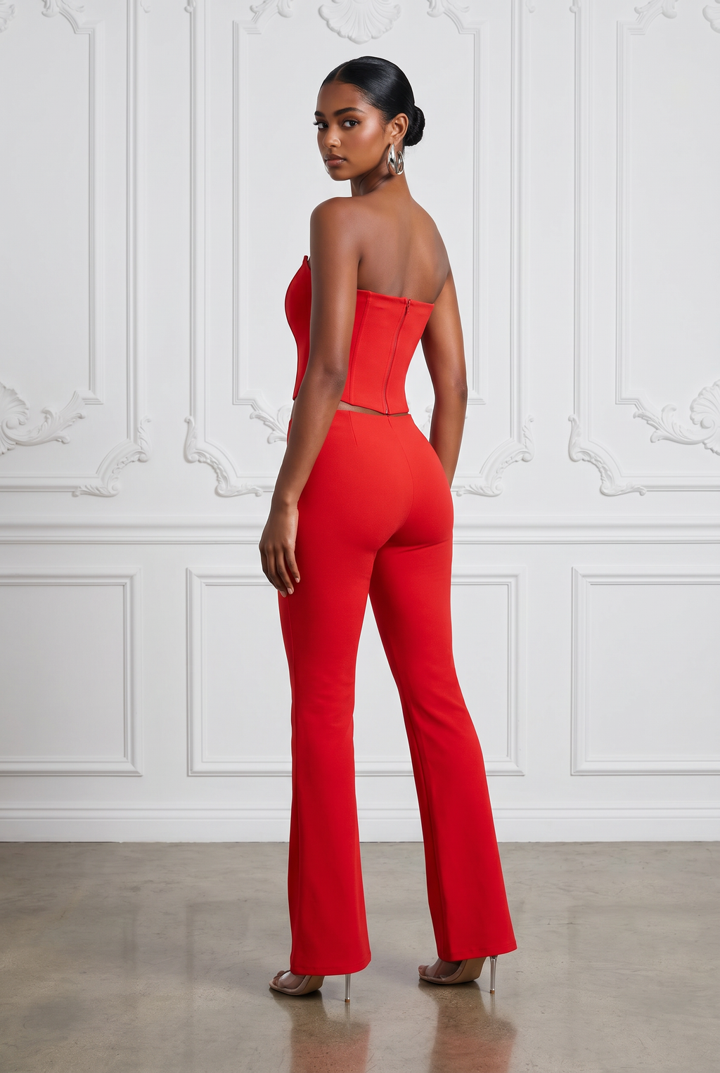 Corset Tube Top & Flare Pant Set in Red – Back view