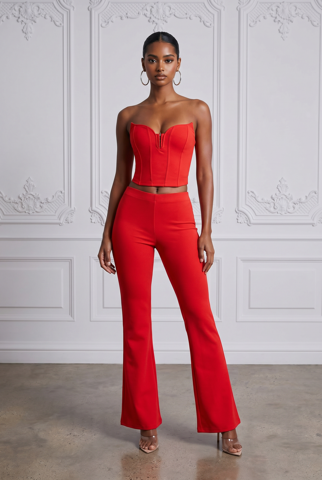 Corset Tube Top & Flare Pant Set in Red – Front view