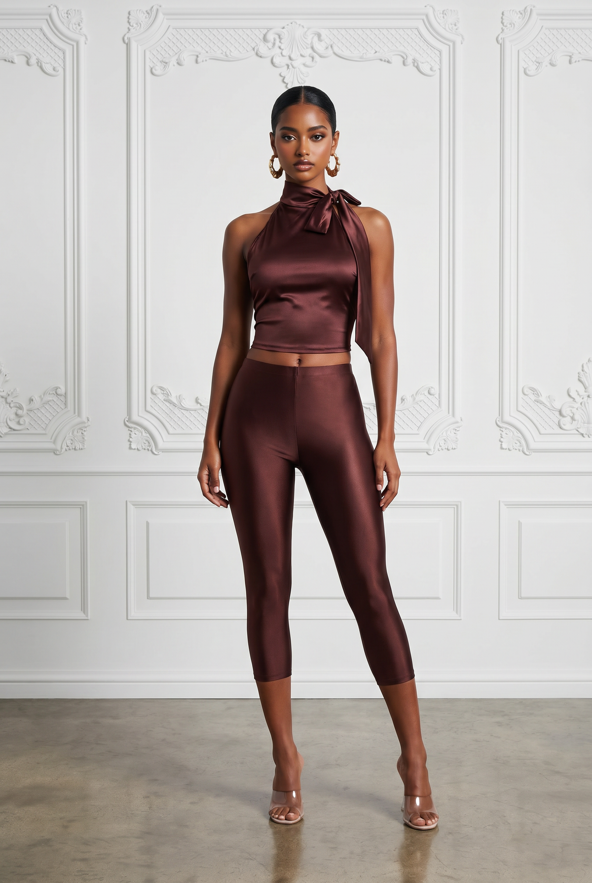 Satin Tie-Back Crop Top & Pant Set in Burgundy – Front view