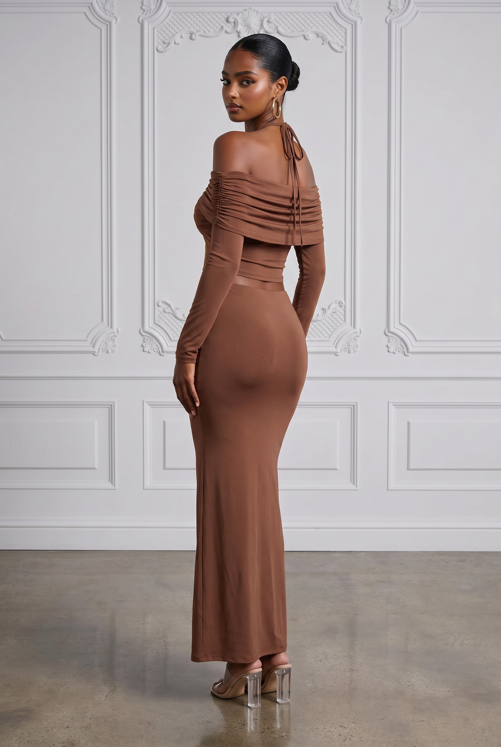 Off Shoulder Long Sleeve Top & Maxi Skirt Set in Black – Side view