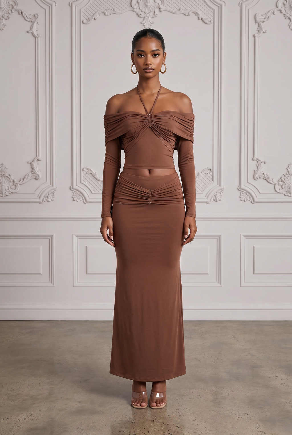 Off Shoulder Long Sleeve Top & Maxi Skirt Set in Black – Front view