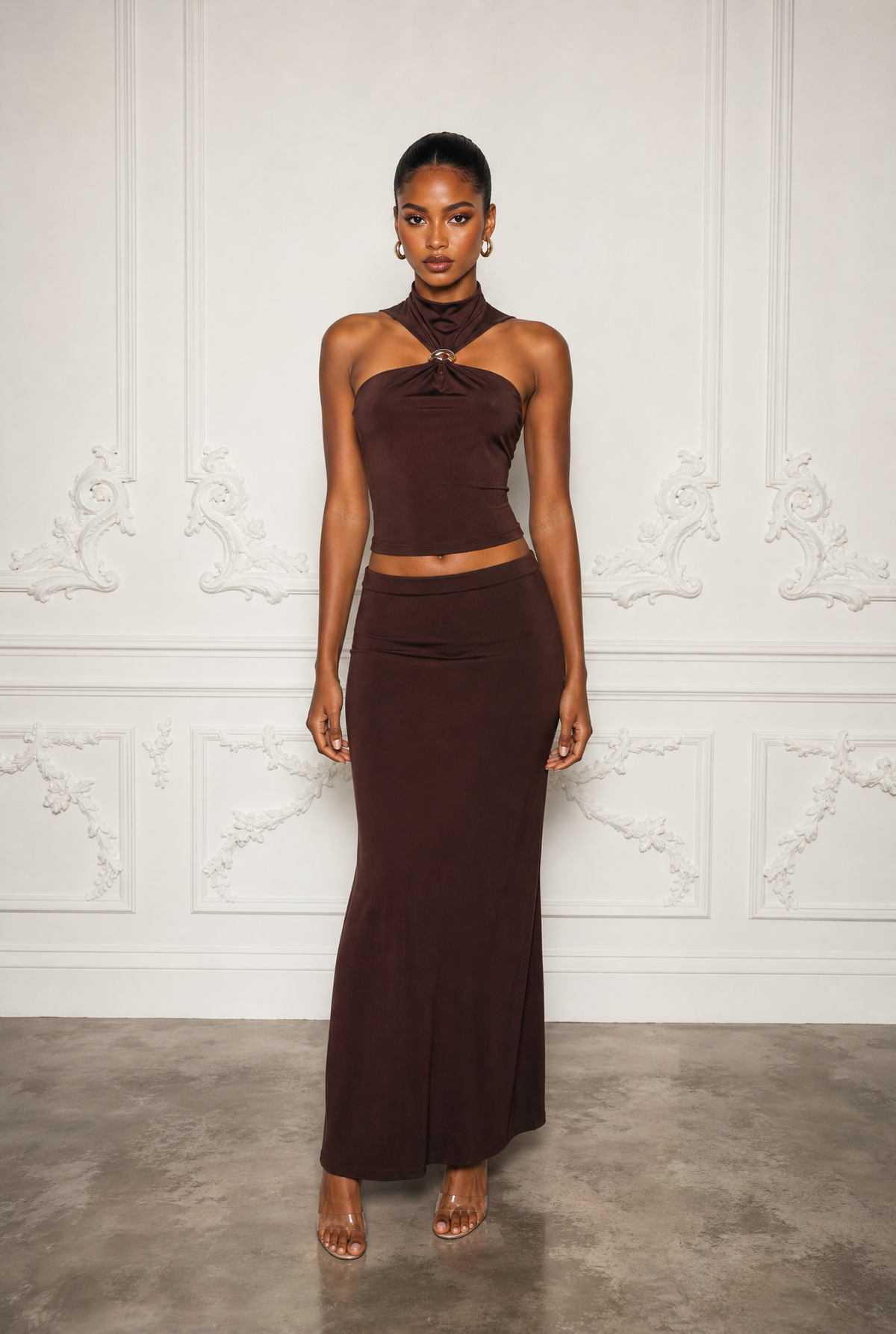 Mock Neck Top & Flare Maxi Skirt Set in Brown – Front view