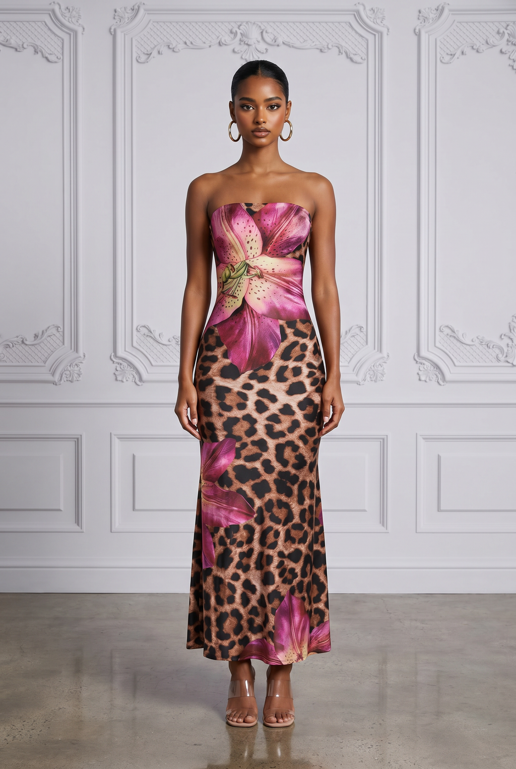 Strapless Floral Leopard Flare Maxi Dress in Brown Magenta – Front view