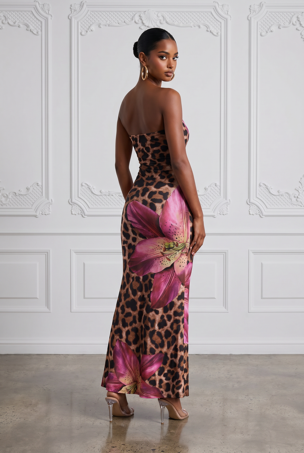 Strapless Floral Leopard Flare Maxi Dress in Brown Magenta – Back view