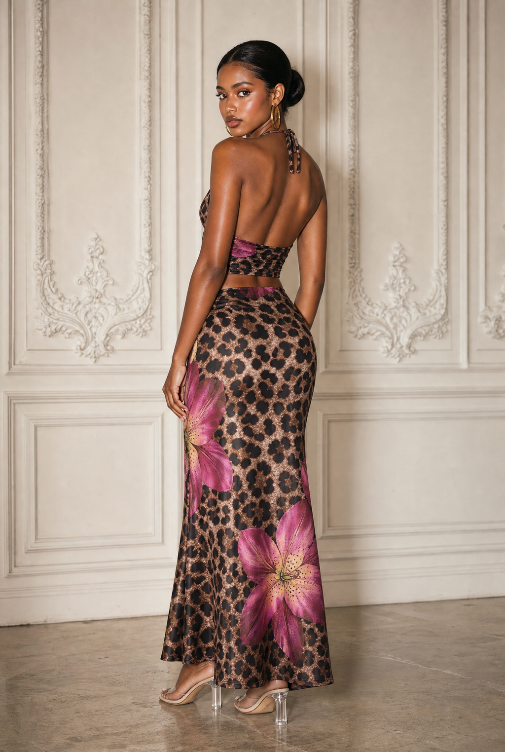 Floral Leopard Flare Maxi Skirt in Brown Magenta – Back view